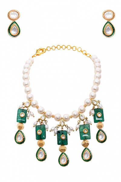 Green agate and pearl necklace set