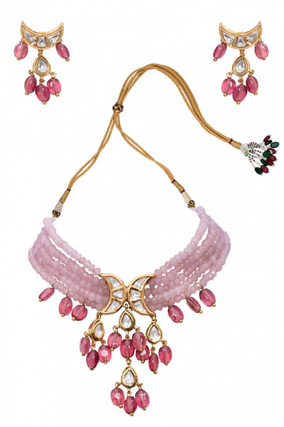 Pink beaded kundan necklace set