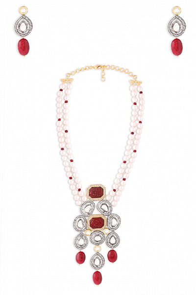 Multi-colour polki pearl necklace set
