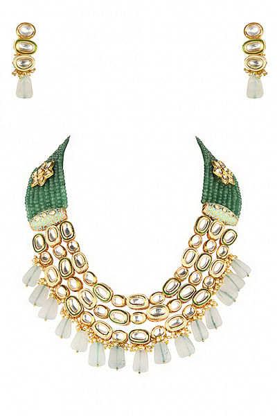 Green agate beads and kundan necklace set