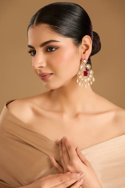 Gold kundan polki red chandbali