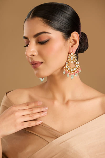 Gold kundan polki pink chandbali