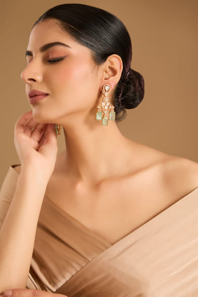Gold kundan polki aqua dangler earrings