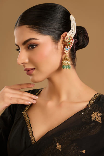 Gold kundan polki pearl jhumkas