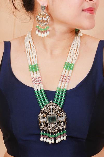 Green polki kundan layered necklace set