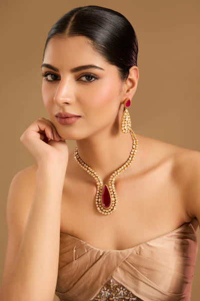 Gold moissanite ruby drop necklace set