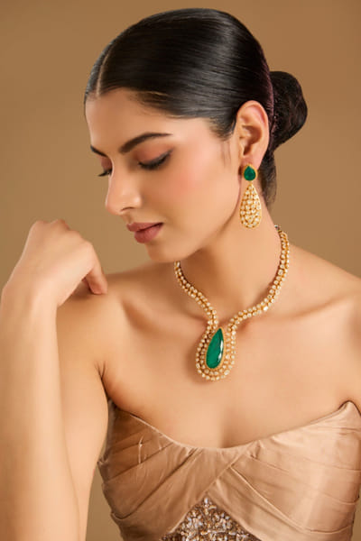 Gold moissanite emerald drop necklace set