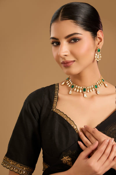 Gold emerald moissanite choker set