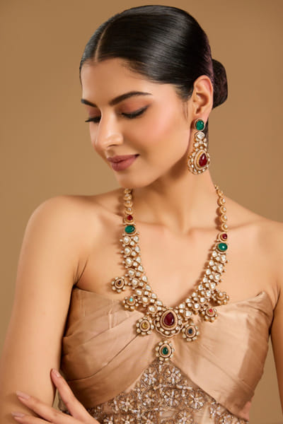 Rose gold navratna long necklace