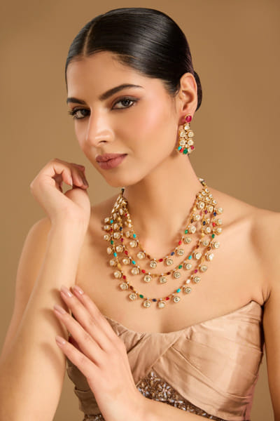 Gold navratna layered necklace set