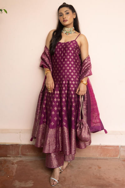 Dark magenta gota embroidered anarkali set