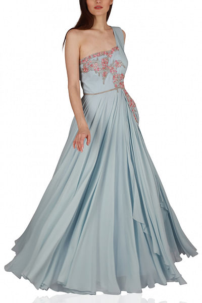 Blue one shoulder embroidered gown