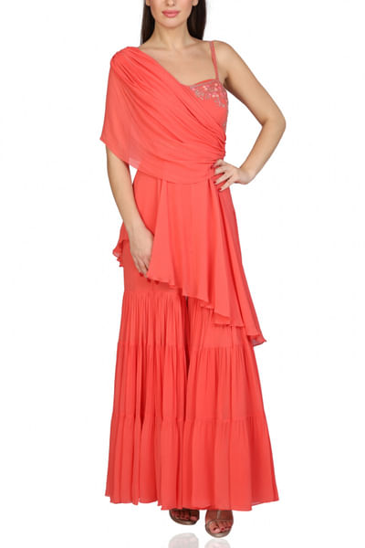 Coral one shoulder sharara jumpsuit