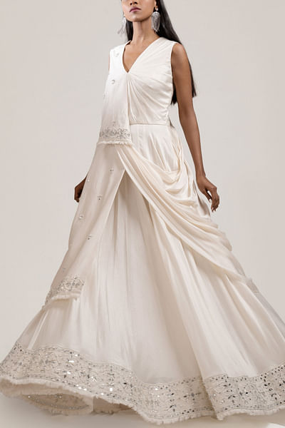 Ivory chanderi draped gown