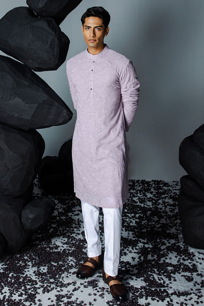 Misty lilac floral resham embroidery kurta set