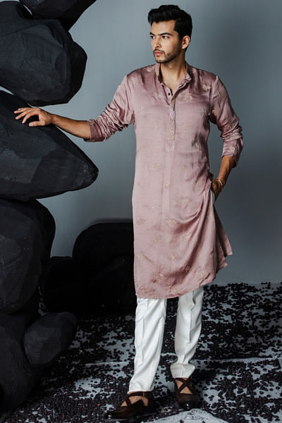Mauve leaf hand embroidered kurta set