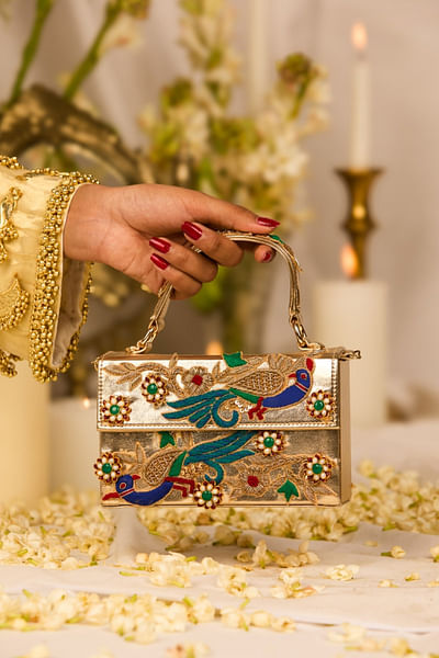 Gold peacock zardozi stone-bead boxy handbag
