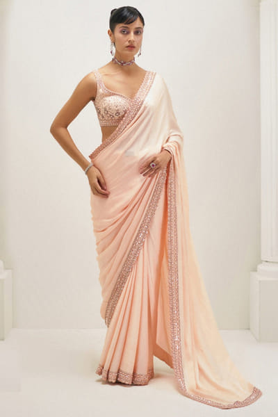 Peach sequin embroidered satin sari set