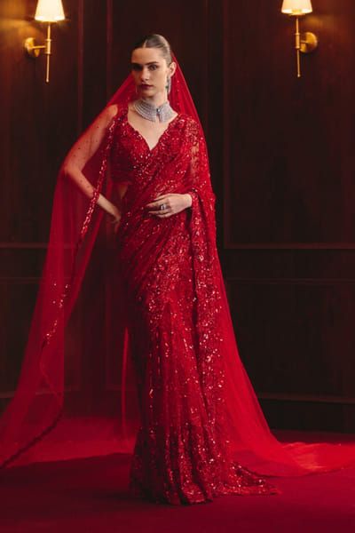 Angad Singh Red embroidered net sari set ANGMAR26D141315