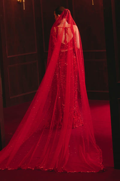 Angad Singh Red embroidered net sari set ANGMAR26D141315