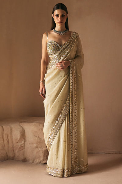Gold embellished tissue sari set