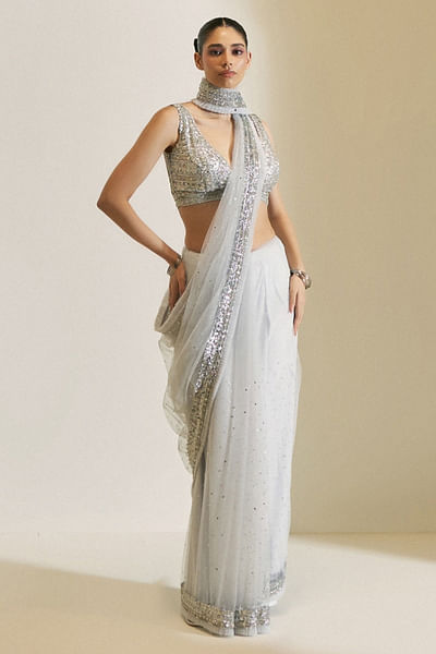 Ice grey sequin embroidered net sari set