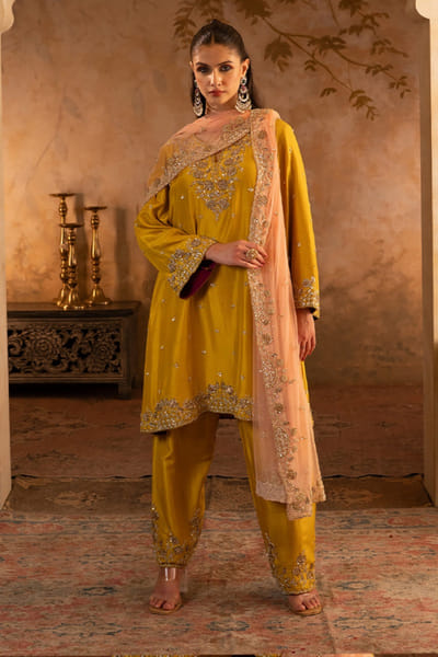Angad Singh Mustard and peach embroidered kurta set ANGAJUL26D148921