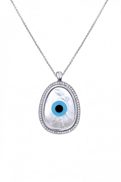 White gold oblong evil eye pendant