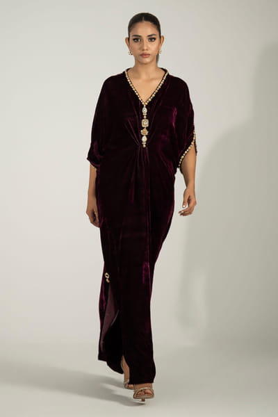 Khushboo & Pankaj Wine embellished kaftan KHUSAPR26D142881