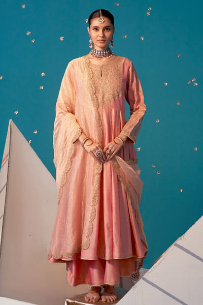 Peach dori embroidered anarkali sharara set