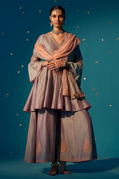 Blue and pink embroidered anarkali sharara set