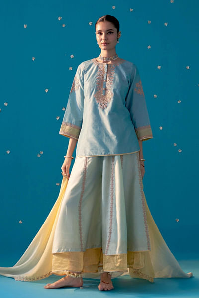 Blue zari dori embroidered kurta sharara set