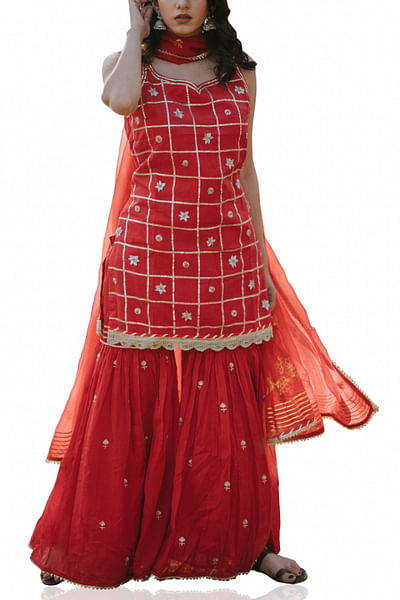 Red gota embellished gharara set