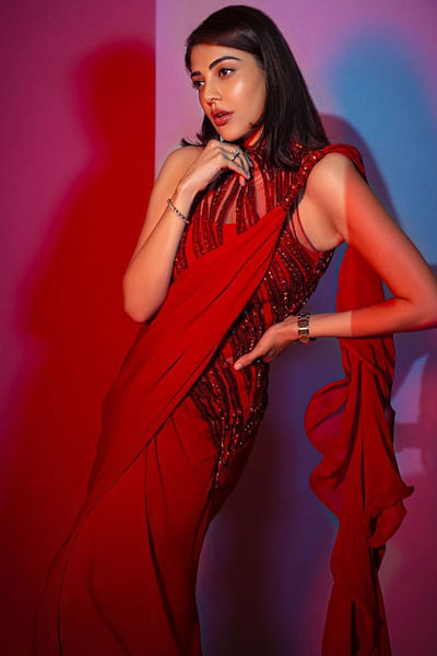 Red ruffled sari gown