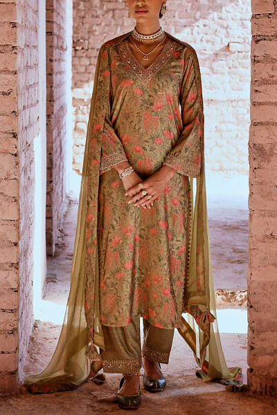 Olive green printed kurta set