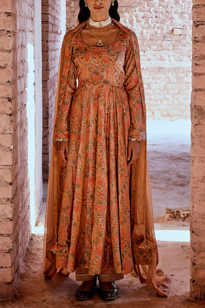 Peach silk velvet anarkali set
