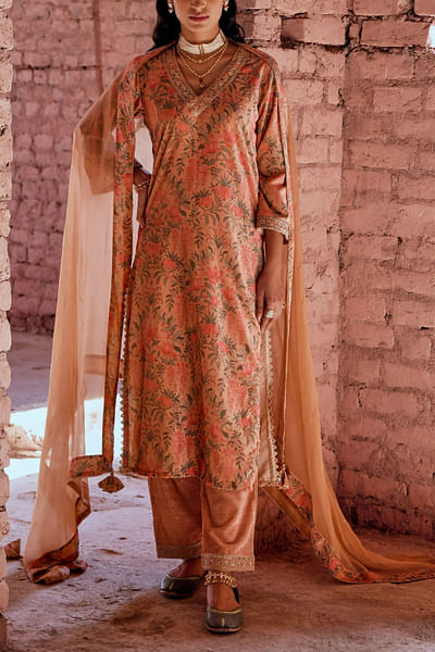 Peach printed kurta set