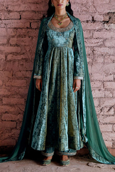 Castleton green printed anarkali set