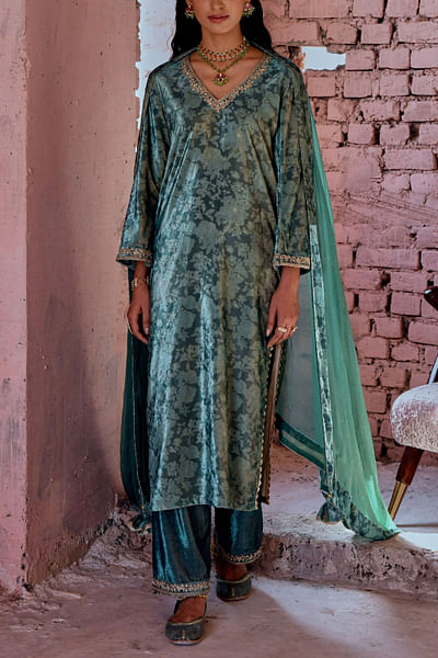 Castleton green silk velvet kurta set