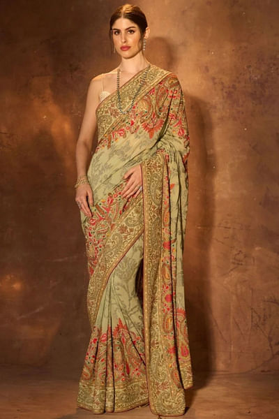Pistachio kalamkari sari