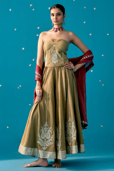 Olive green paisley embroidered lehenga set