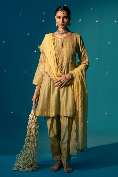 Soft green zari dori embroidered kurta set