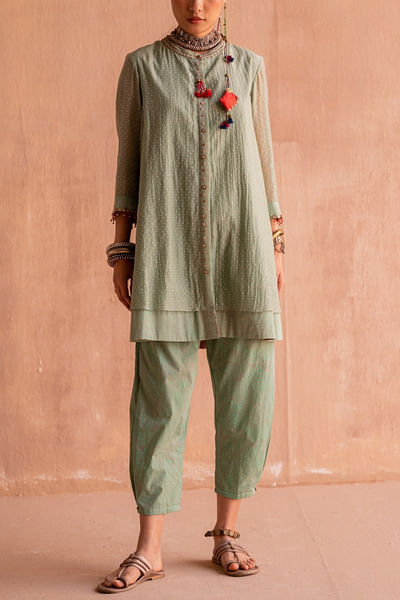 Green hand block printed tunic