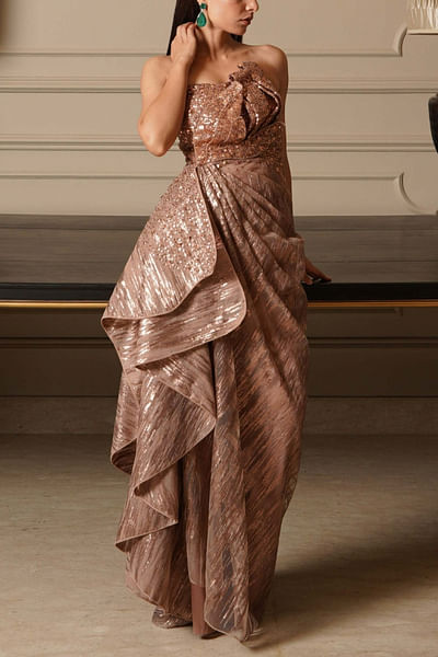 Bronze embellished satin gown