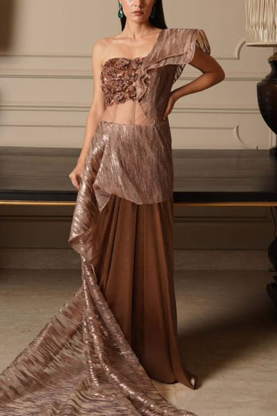 Bronze embellished one shoulder gown