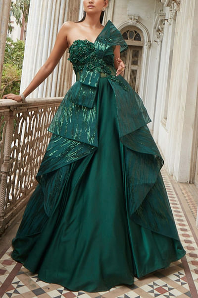 Emerald green one shoulder gown