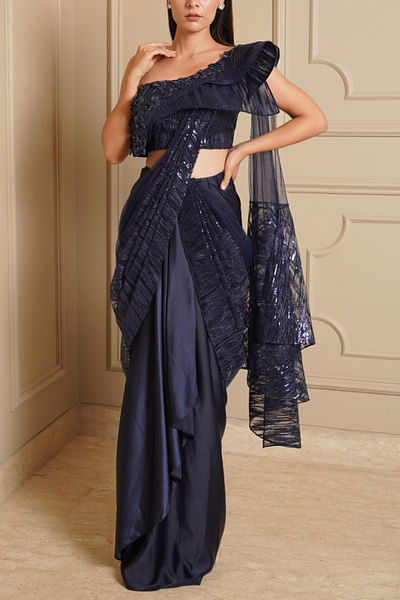 Navy blue pre-draped sari