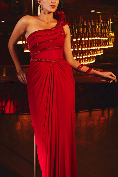 Red embroidered gown