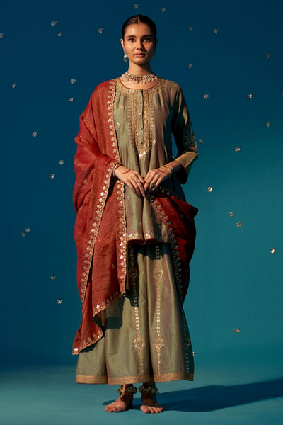 Green gota embroidered anarkali sharara set