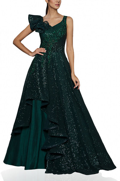 Green sequin embellished gown
